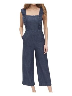 Gap 100% Cotton Chambray Ruffle Apron Wide-Leg Indigo Denim Jumpsuit